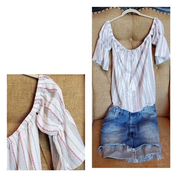 Tops - STRIPED OFF SHOULDER TUNIC